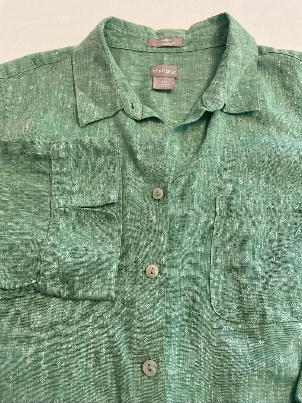 Chico's No Iron 100% Linen Shirt Green Button Down 3/4 Sleeve Size 1.5 Medium